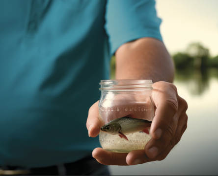 Non decript micro fish in glass viewing vessel before being released.