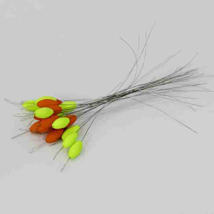 A pack of 10 vibrant 10mm micro fishing floats, 5 red and 5 yellow, neatly arranged and ready for your next fishing adventure.