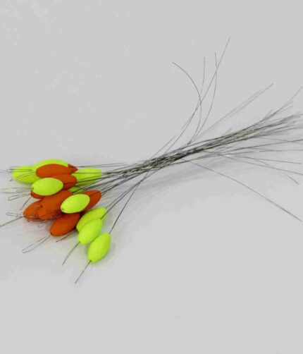 A pack of 10 vibrant 10mm micro fishing floats, 5 red and 5 yellow, neatly arranged and ready for your next fishing adventure.