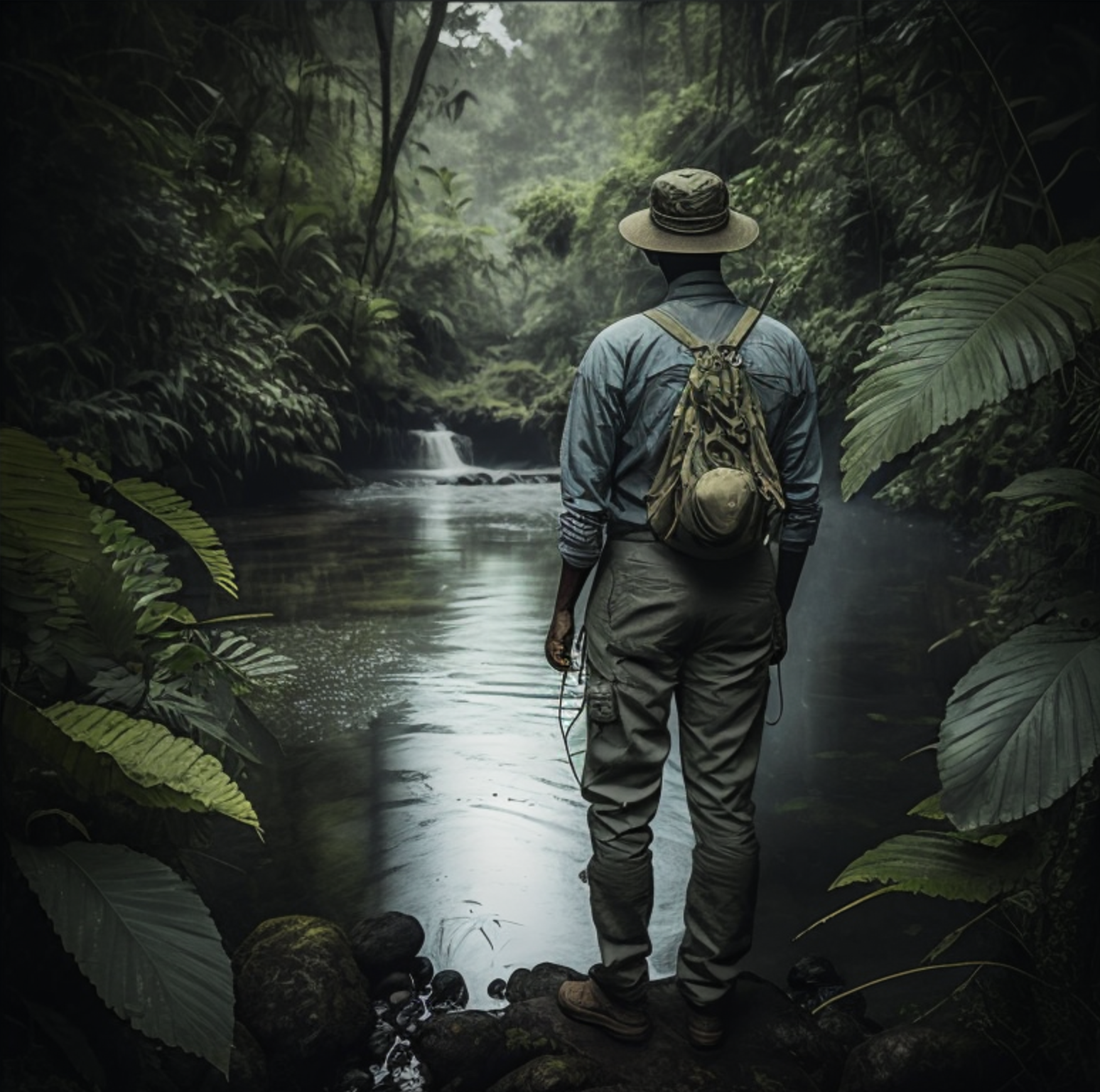 An angler carefully casts a line into a shadowy jungle stream, surrounded by lush foliage, in pursuit of elusive micro fish species.