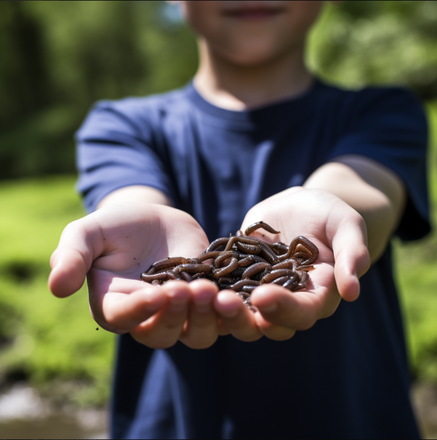 Boy holding earthworms to use for micro fishing bait.